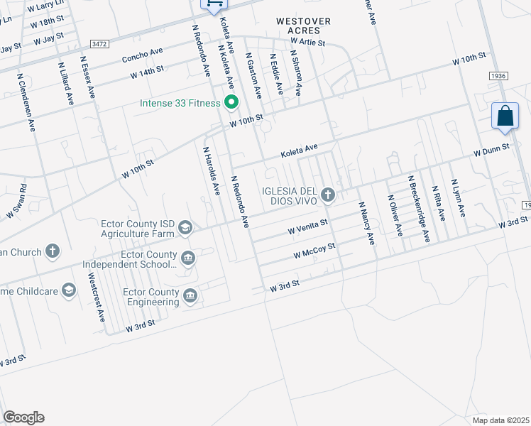 map of restaurants, bars, coffee shops, grocery stores, and more near 7391 W Dunn St in Odessa