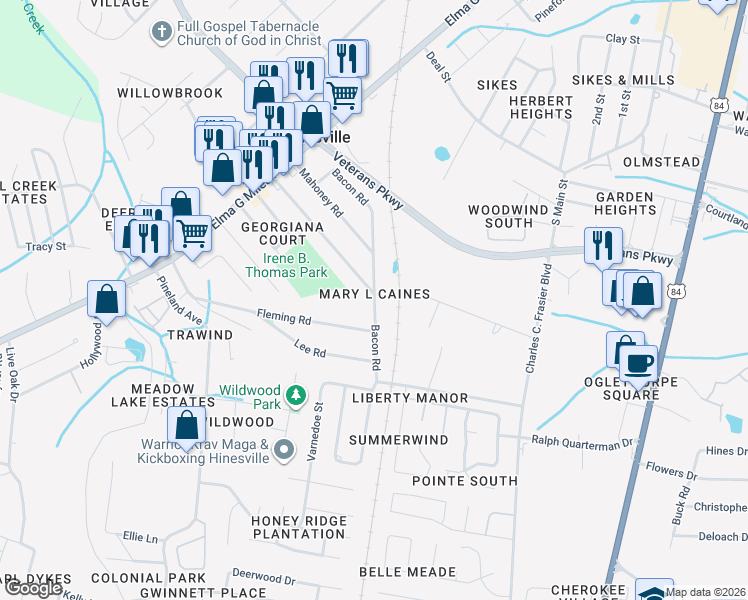map of restaurants, bars, coffee shops, grocery stores, and more near 805 Bacon Road in Hinesville