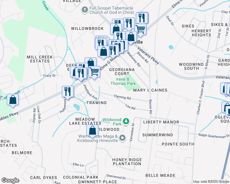 map of restaurants, bars, coffee shops, grocery stores, and more near 724 Fleming Road in Hinesville