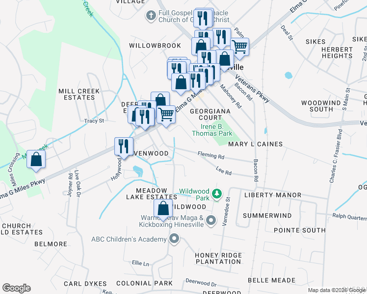 map of restaurants, bars, coffee shops, grocery stores, and more near 740 Fleming Road in Hinesville