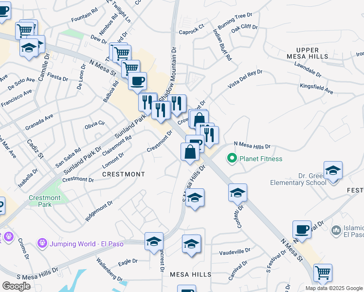 map of restaurants, bars, coffee shops, grocery stores, and more near 5845 North Mesa Street in El Paso