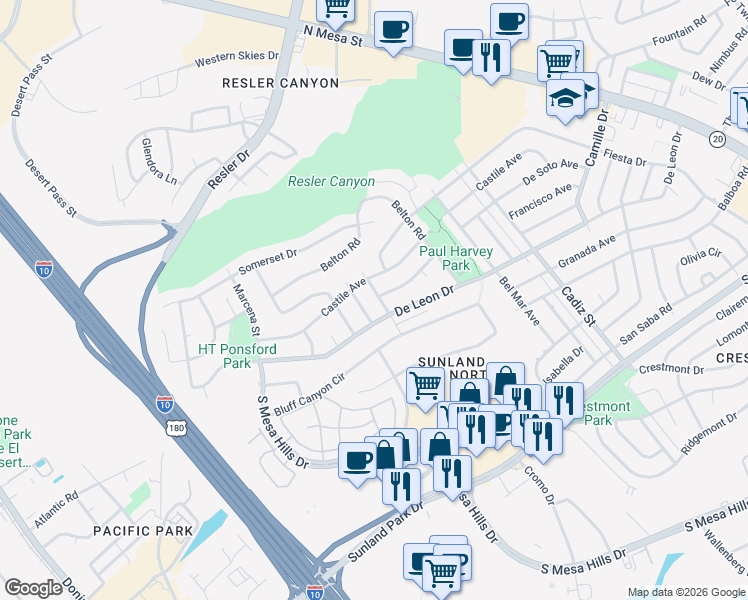 map of restaurants, bars, coffee shops, grocery stores, and more near 640 Westview Avenue in El Paso