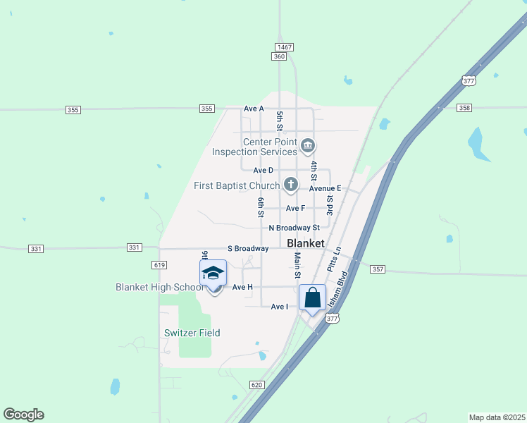 map of restaurants, bars, coffee shops, grocery stores, and more near 603 Avenue F in Blanket