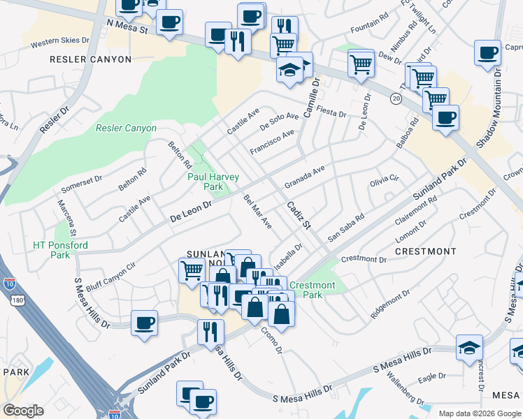 map of restaurants, bars, coffee shops, grocery stores, and more near 521 Balboa Road in El Paso