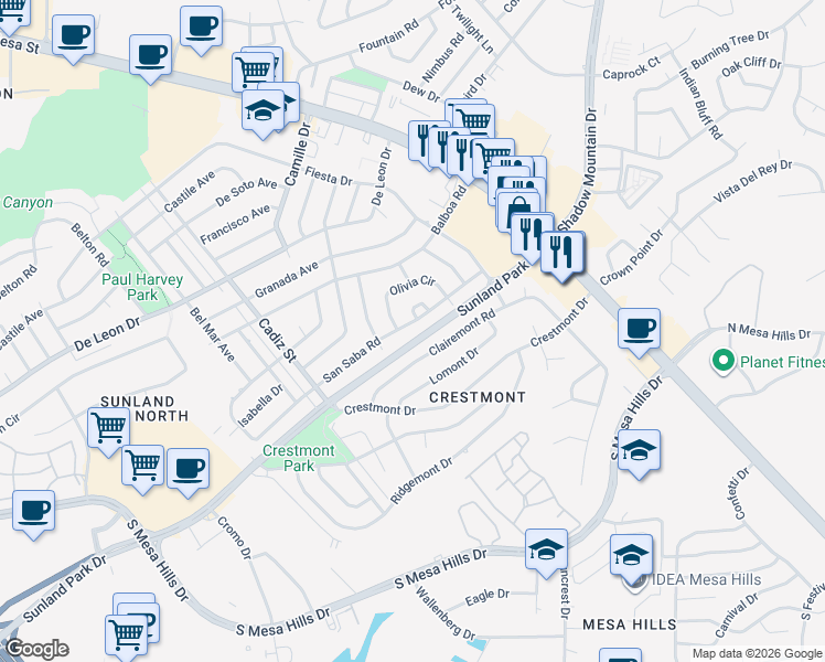 map of restaurants, bars, coffee shops, grocery stores, and more near 315 San Saba Road in El Paso