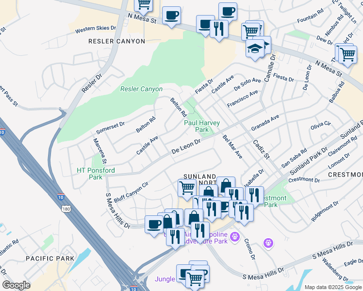 map of restaurants, bars, coffee shops, grocery stores, and more near 628 De Leon Drive in El Paso