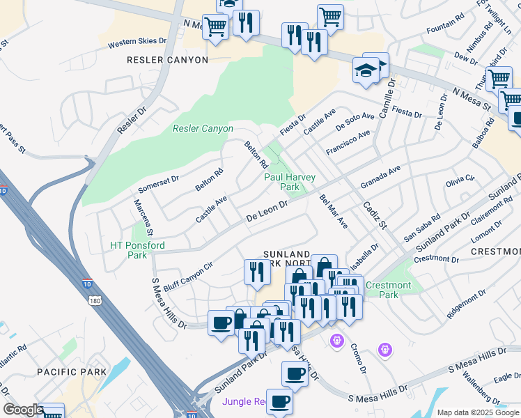 map of restaurants, bars, coffee shops, grocery stores, and more near 628 De Leon Drive in El Paso