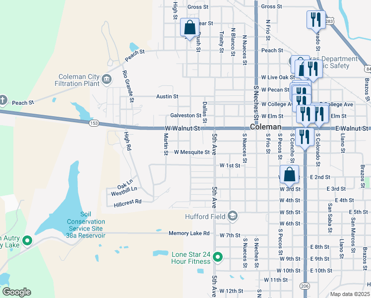 map of restaurants, bars, coffee shops, grocery stores, and more near 1005 West Mesquite Street in Coleman
