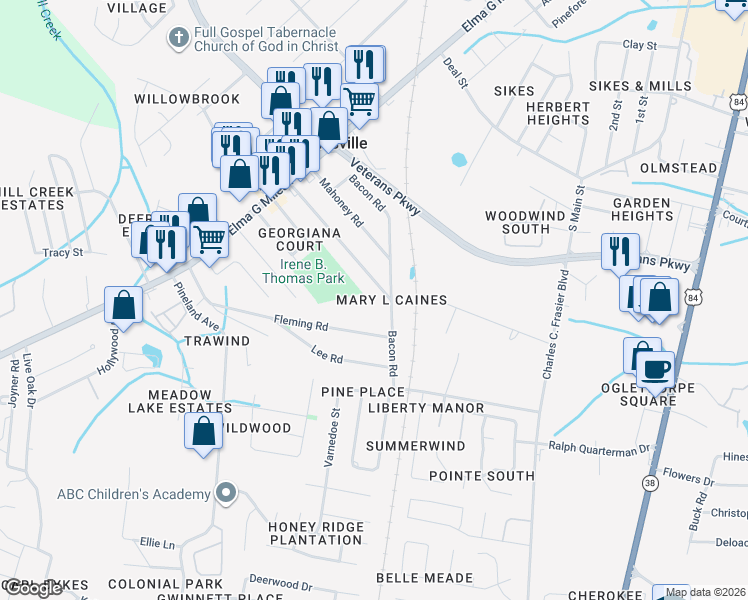 map of restaurants, bars, coffee shops, grocery stores, and more near 627 McDowell Road in Hinesville