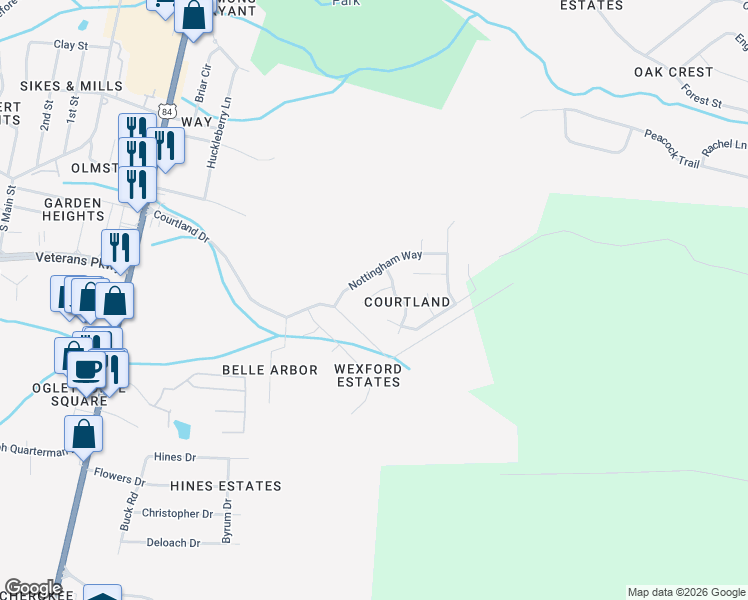 map of restaurants, bars, coffee shops, grocery stores, and more near 309 York Lane in Hinesville