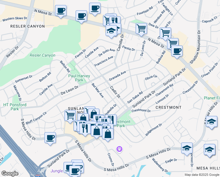 map of restaurants, bars, coffee shops, grocery stores, and more near 6044 Cadiz Street in El Paso
