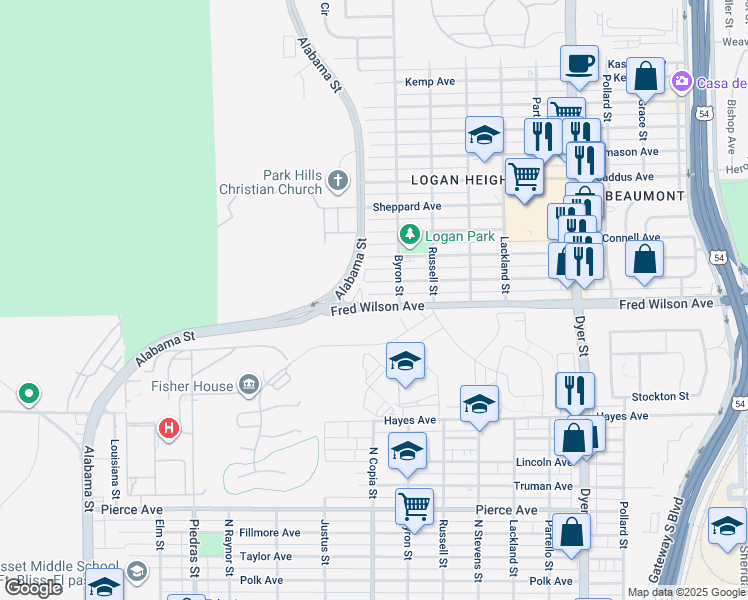 map of restaurants, bars, coffee shops, grocery stores, and more near 3411 Fred Wilson Avenue in El Paso