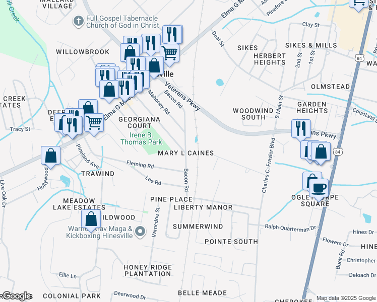map of restaurants, bars, coffee shops, grocery stores, and more near 802 Bacon Road in Hinesville