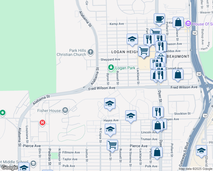 map of restaurants, bars, coffee shops, grocery stores, and more near 3411 Fred Wilson Avenue in El Paso