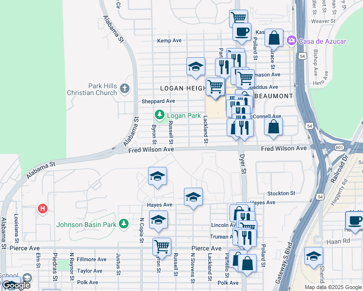 map of restaurants, bars, coffee shops, grocery stores, and more near 3617 Fred Wilson Avenue in El Paso