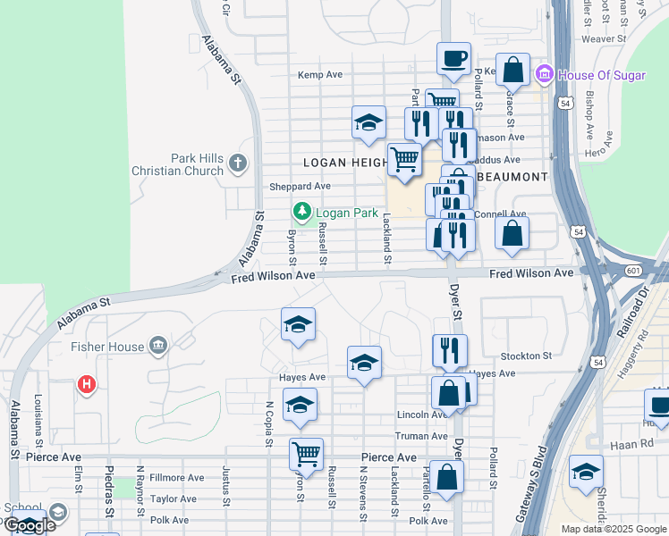 map of restaurants, bars, coffee shops, grocery stores, and more near 7167 Lazear Street in El Paso