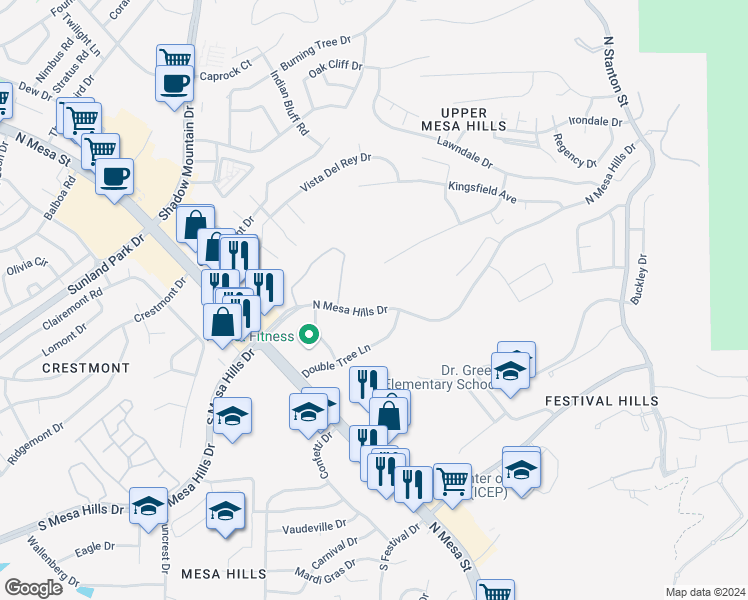 map of restaurants, bars, coffee shops, grocery stores, and more near 219 North Mesa Hills Drive in El Paso