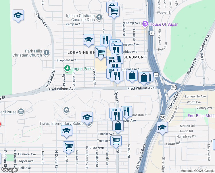 map of restaurants, bars, coffee shops, grocery stores, and more near 3913 Fred Wilson Avenue in El Paso