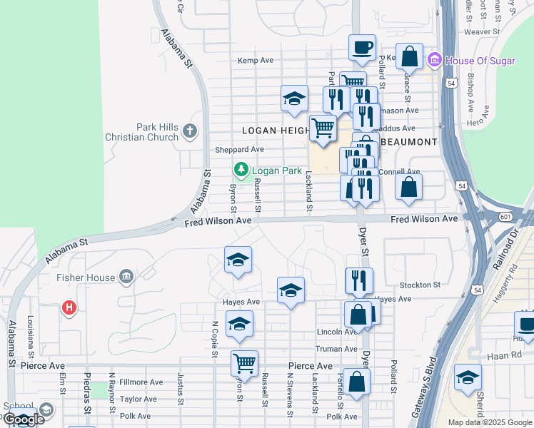 map of restaurants, bars, coffee shops, grocery stores, and more near 7167 Lazear Street in El Paso