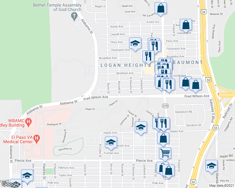 map of restaurants, bars, coffee shops, grocery stores, and more near 7162 Fred Wilson Avenue in El Paso