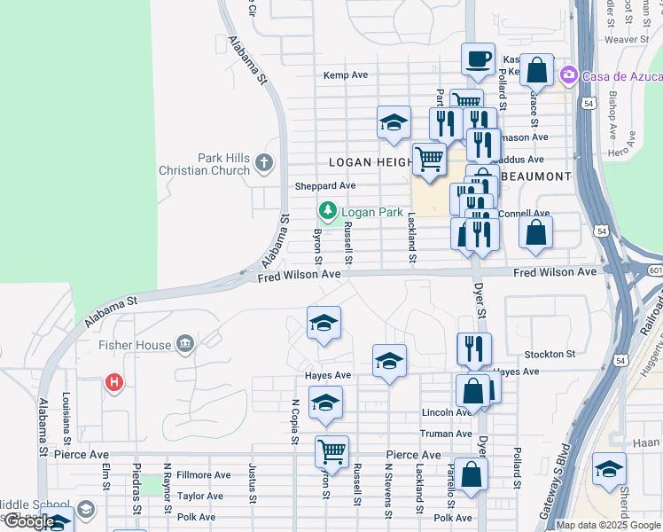 map of restaurants, bars, coffee shops, grocery stores, and more near 7162 Fred Wilson Avenue in El Paso