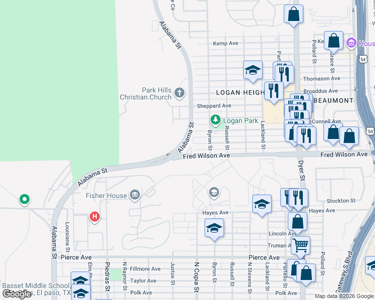 map of restaurants, bars, coffee shops, grocery stores, and more near 3359 Fred Wilson Avenue in El Paso