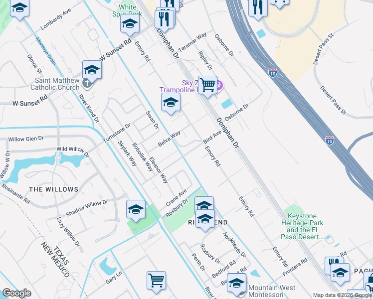 map of restaurants, bars, coffee shops, grocery stores, and more near 244 Bird Avenue in El Paso