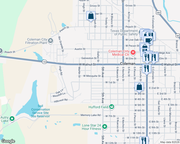 map of restaurants, bars, coffee shops, grocery stores, and more near 1005 West Mesquite Street in Coleman