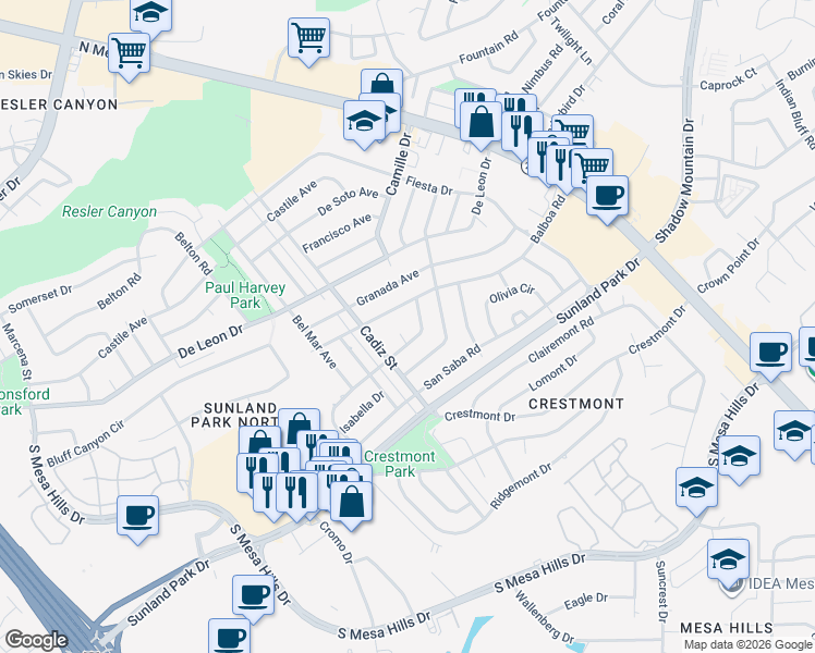 map of restaurants, bars, coffee shops, grocery stores, and more near 6009 Cabrillo Drive in El Paso