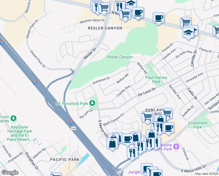 map of restaurants, bars, coffee shops, grocery stores, and more near 6447 Belton Road in El Paso
