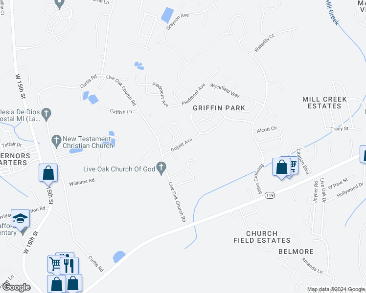 map of restaurants, bars, coffee shops, grocery stores, and more near 214 Guyett Avenue in Hinesville