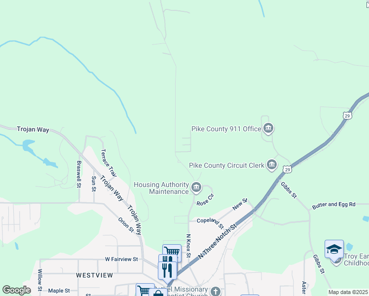 map of restaurants, bars, coffee shops, grocery stores, and more near 431 North Knox Street in Troy