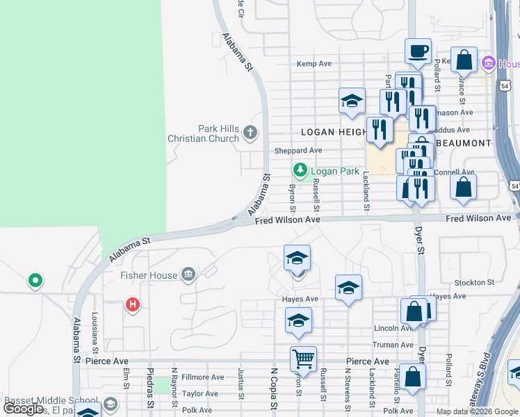 map of restaurants, bars, coffee shops, grocery stores, and more near 3359 Fred Wilson Avenue in El Paso