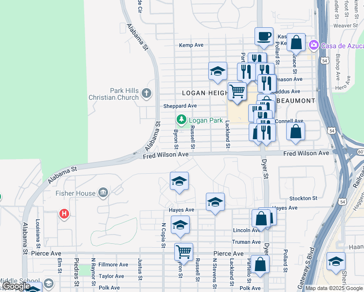map of restaurants, bars, coffee shops, grocery stores, and more near 3510 McConnell Avenue in El Paso