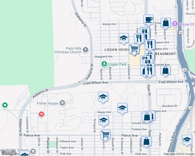 map of restaurants, bars, coffee shops, grocery stores, and more near 3412 McConnell Avenue in El Paso