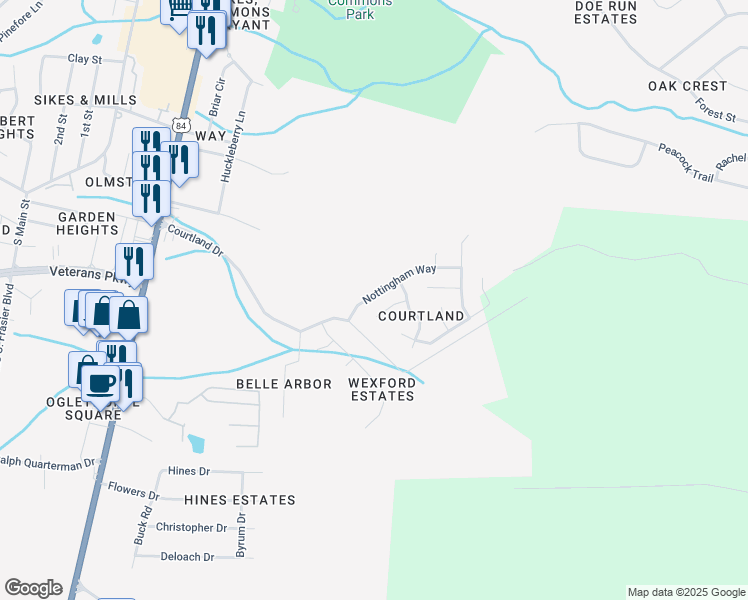 map of restaurants, bars, coffee shops, grocery stores, and more near 314 Nottingham Way in Hinesville