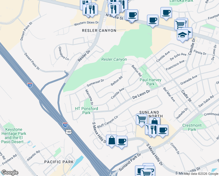map of restaurants, bars, coffee shops, grocery stores, and more near 6426 Belton Road in El Paso