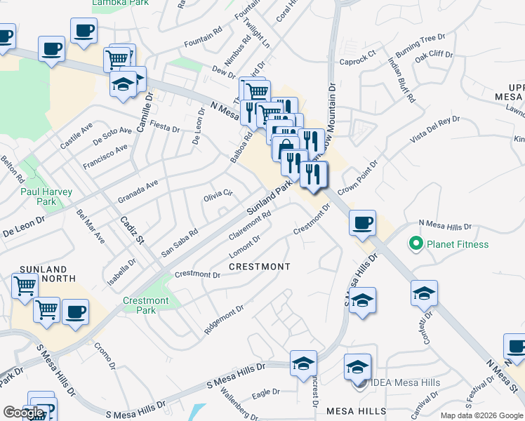 map of restaurants, bars, coffee shops, grocery stores, and more near 213 Clairemont Road in El Paso