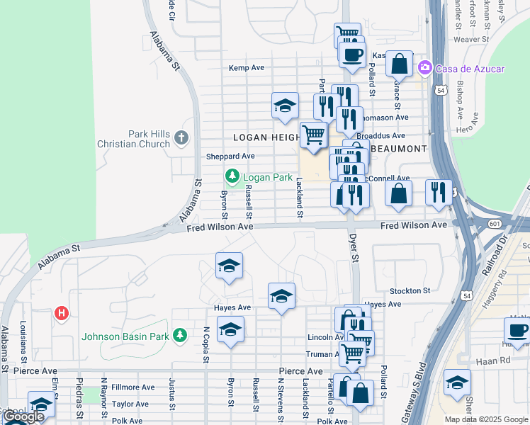 map of restaurants, bars, coffee shops, grocery stores, and more near 3623 Keltner Avenue in El Paso