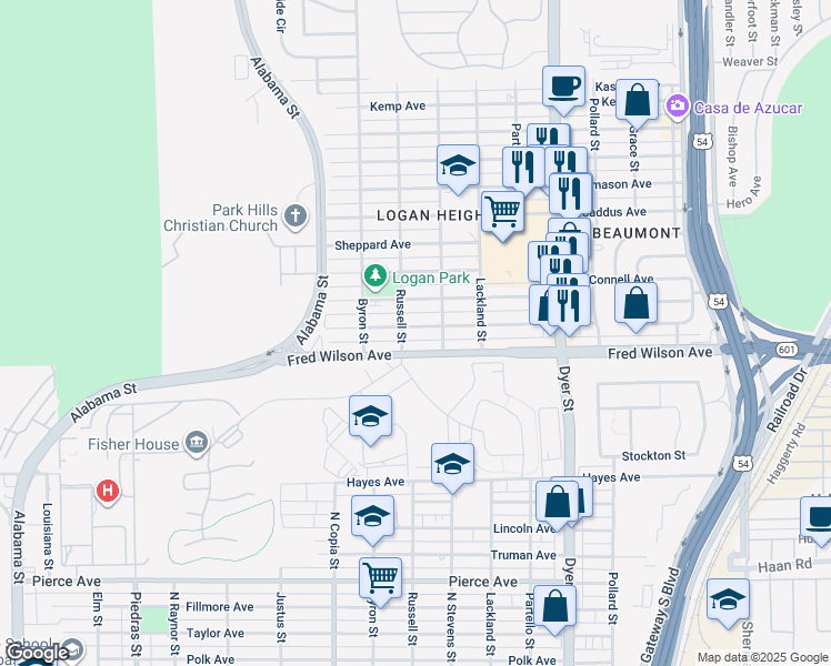 map of restaurants, bars, coffee shops, grocery stores, and more near 3623 Keltner Avenue in El Paso
