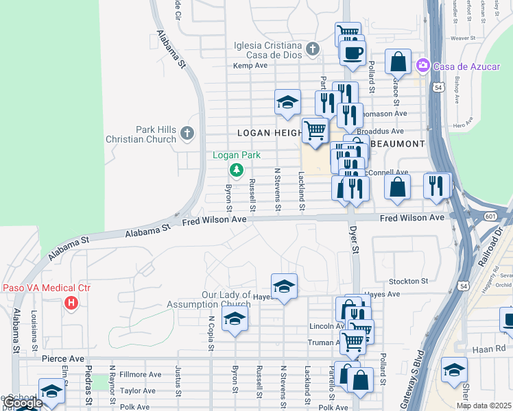 map of restaurants, bars, coffee shops, grocery stores, and more near 3623 Keltner Avenue in El Paso