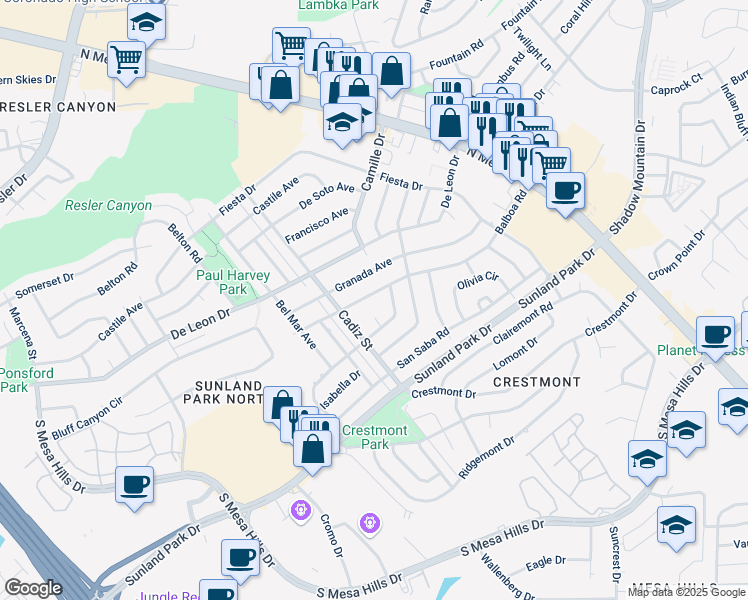 map of restaurants, bars, coffee shops, grocery stores, and more near 412 Balboa Road in El Paso