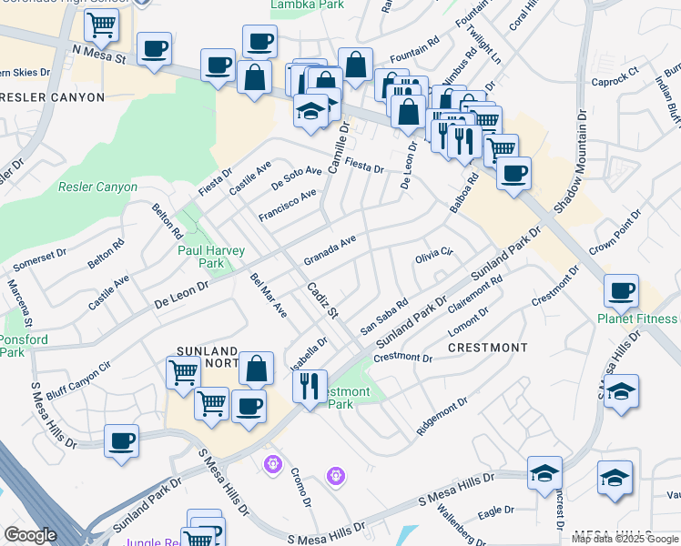 map of restaurants, bars, coffee shops, grocery stores, and more near 412 Balboa Road in El Paso