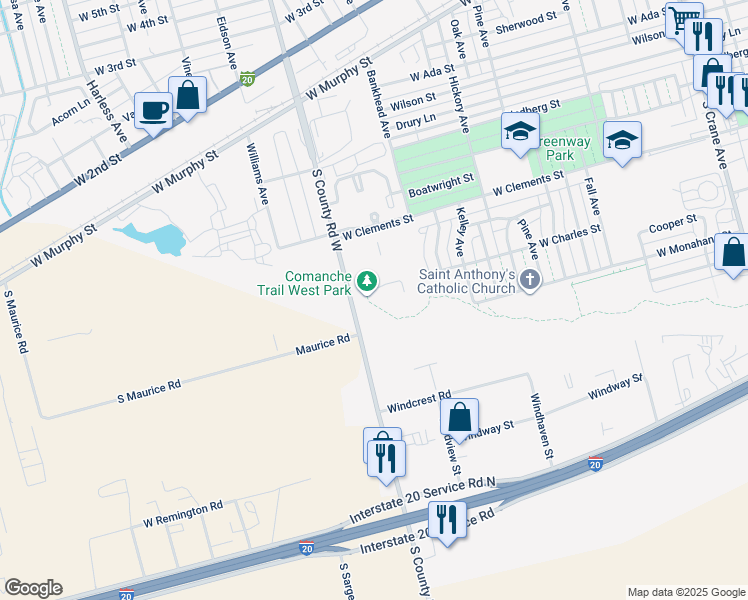 map of restaurants, bars, coffee shops, grocery stores, and more near 900 South County Road West in Odessa