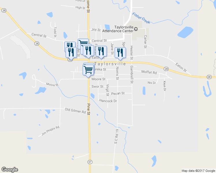 map of restaurants, bars, coffee shops, grocery stores, and more near 401 Virgil Street in Taylorsville