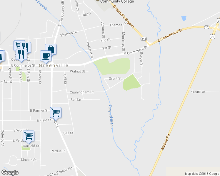map of restaurants, bars, coffee shops, grocery stores, and more near 121 Cunningham Street in Greenville