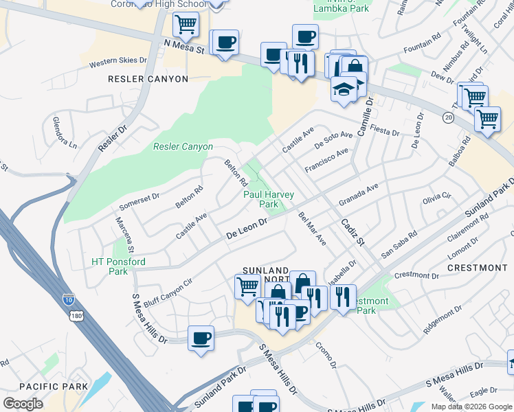map of restaurants, bars, coffee shops, grocery stores, and more near 6200-6316 Belton Road in El Paso
