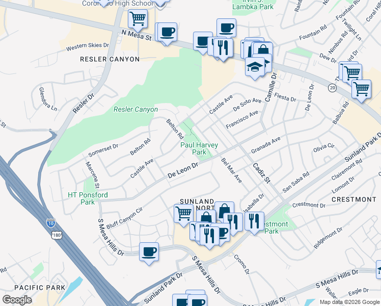 map of restaurants, bars, coffee shops, grocery stores, and more near 6200-6316 Belton Road in El Paso