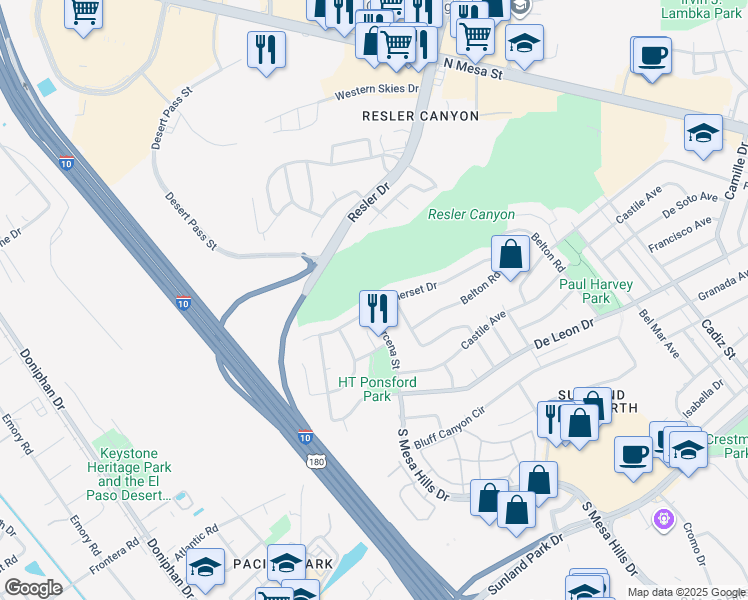 map of restaurants, bars, coffee shops, grocery stores, and more near 765 Somerset Drive in El Paso