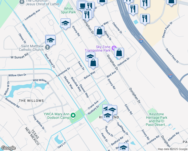 map of restaurants, bars, coffee shops, grocery stores, and more near 4527 Cordero Way in El Paso